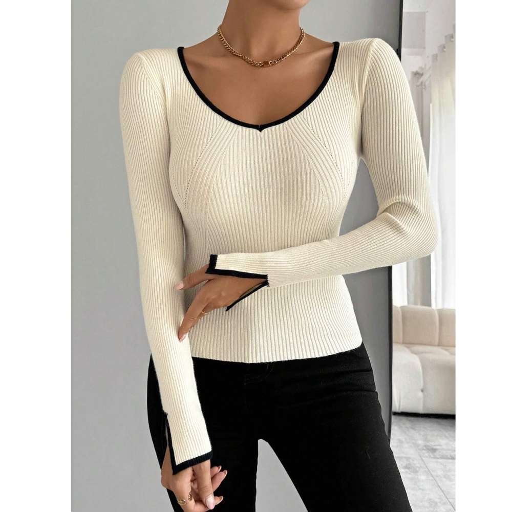 Beige Rib Knit Light Sweater Top Contrast Trim Fitted Slim Long Sleeve - Picture 5 of 7